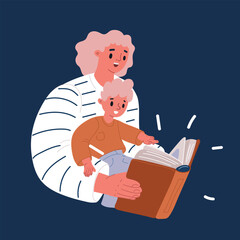 Cartoon vector illustration of Little boy and his mother with books at home