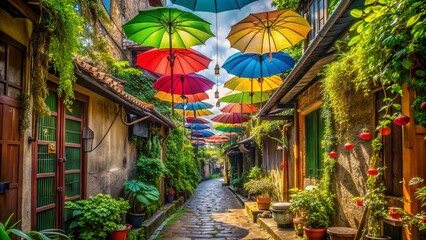 Obraz premium Vibrant alleyway scene in Indonesian housing with lush greenery nailed to walls and colorful umbrellas suspended above, bathed in warm afternoon light.