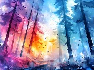 Enchanted Forest with Colorful Sky.