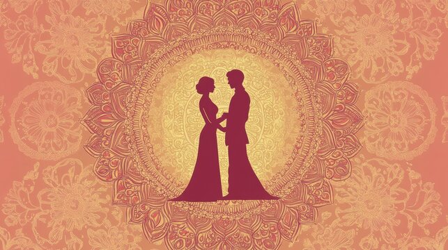 Romantic Couple Silhouette with Mandala Pattern Background - A silhouette of a couple holding hands, symbolizing love, commitment, marriage, and togetherness, set against a beautiful and intricate man