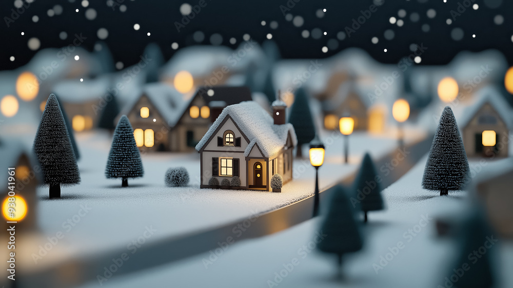 Sticker Nostalgic Christmas village scene with snow-covered rooftops, charming cottages, softly lit street lamps, and snowflakes gently falling in a peaceful winter setting 