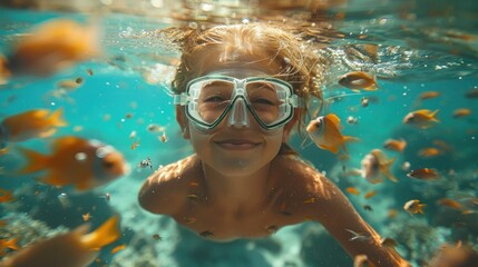 Naklejka premium Underwater Adventure: Mother and Child Snorkeling with Colorful Fish in Coral Reef, Signaling OK for Travel Lifestyle and Summer Holiday Fun