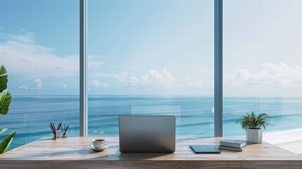 Fototapeta premium A minimalist workspace with a laptop and coffee on a desk, with a view of the ocean through a large window
