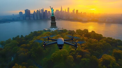 Drone Photo Flying Over the Statue of Liberty with a Hot Background