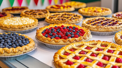 Rows of colorful pies on display at a country fair pie contest with vibrant fruit fillings golden crusts and decorative lattice designs rustic table and cheerful bunting 