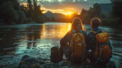 Riverside Retreat: Young Couple Relaxing in Outdoor Camping Adventure