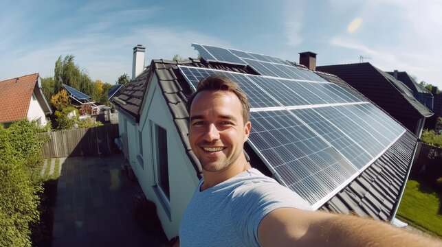 Ein Mann macht ein Selfie vor seinem Haus. Das Haus hat ine Solaranlage auf dem Dach. 
