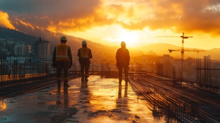 Fototapeta premium workers on a construction site tying rebar,morning, sunny