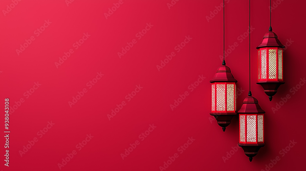 Wall mural Simplified vector lanterns with intricate cut-out designs, gently glowing, aligned vertically on a solid maroon background, illustrating Ramadan warmth 