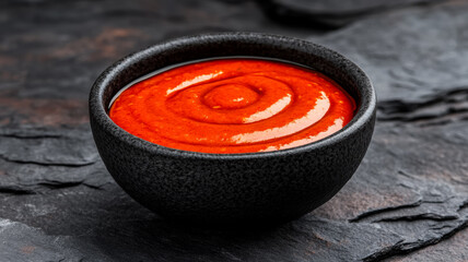 Smoky chipotle sauce swirling in a dark ceramic bowl dark red and brown tones against a textured charcoal backdrop bold and intense exotic flavor 