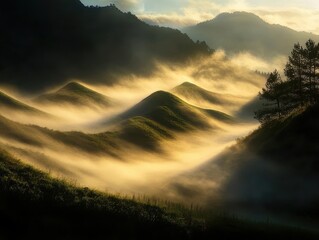 Misty Morning Landscape with Rolling Hills and Sunlight Breaking Through