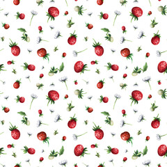 Red wild strawberry with leaves and flowers on a light background. Seamless pattern, watercolor illustration. For the design of fabrics and textiles, wallpaper and wrapping paper