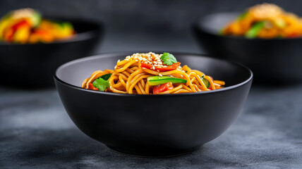 Stir-fried noodles with glossy soy glaze colorful veggies and sesame seeds served in a deep black bowl vibrant reds and greens modern presentation 