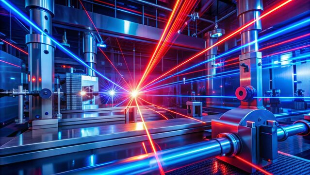 Vibrant blue and red laser beams intersect and crisscross in a futuristic lab setting, casting an otherworldly glow on surrounding machinery and equipment.