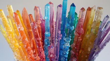 A rainbow of rock candy sticks displayed in a glass vase, with their crystalline textures sparkling