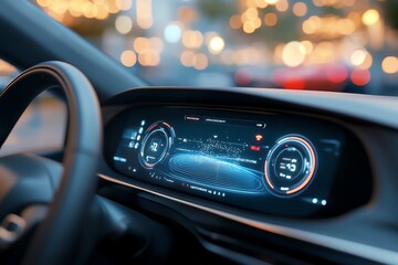 Modern car dashboard with digital display, showcasing advanced technology and sleek design in a stylish interior.