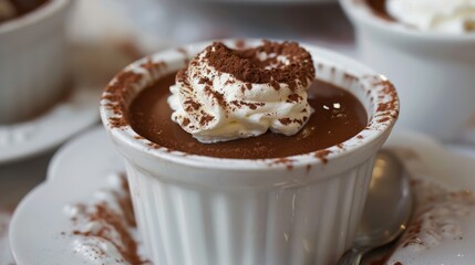 A rich, creamy chocolate mousse topped with a dollop of whipped cream and a sprinkle of cocoa powder