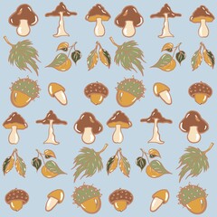 pattern with mushrooms autumn, leaf fall, different types of mushrooms, leaves, chestnut set, food, icon, illustration, summer, collection, beach, cartoon, symbol, design, autumn, tree, leaf, sweet, c