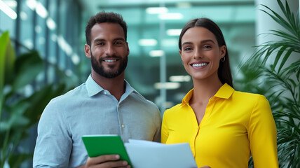 Two business people smiling while reviewing a document in a modern office sunlit space sleek glass walls and minimalistic decor business casual attire bright natural lighting positive vibe 