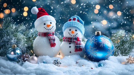 Frosty Festivity: A Christmas Background with Adorable Snowmen and Blue-Toned Decorations, Exuding Holiday Cheer.