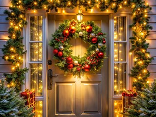 Vibrant Christmas wreath adorns a modern home entrance, complemented by golden garlands and twinkling night lights, exuding festive cheer and holiday magic.