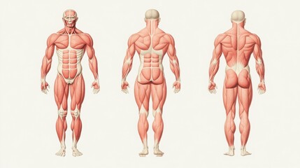 Detailed illustration of the human muscular system showing the layers of muscles and their functions in movement, anatomy, medical education