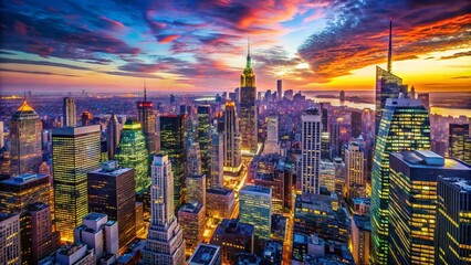 Obraz premium Vibrant cityscape of Manhattan at dusk, showcasing towering skyscrapers, bustling streets, and iconic billboards aglow amidst a kaleidoscope of colors in the night sky.