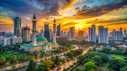 Fototapeta premium Vibrant cityscape of Jakarta, Indonesia at sunset, featuring iconic skyscrapers, bustling streets, and majestic mosques amidst a backdrop of lush tropical greenery.