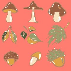 illustration of a set of mushrooms autumn, leaf fall, different types of mushrooms, leaves, chestnut set, food, icon, illustration, summer, collection, beach, cartoon, symbol, design, autumn, tree, le