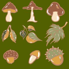 set of mushrooms autumn, leaf fall, different types of mushrooms, leaves, chestnut set, food, icon, illustration, summer, collection, beach, cartoon, symbol, design, autumn, tree, leaf, sweet, chocola