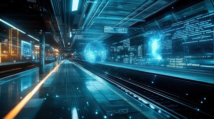 A futuristic train station where AI manages the entire transit system, with holographic displays showing real-time schedules, passenger flow, and platform updates