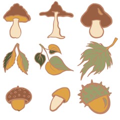 set of autumn leaves autumn, leaf fall, different types of mushrooms, leaves, chestnut set, food, icon, illustration, summer, collection, beach, cartoon, symbol, design, autumn, tree, leaf, sweet, cho