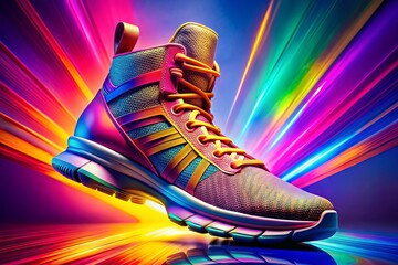 Vibrant close-up of athletic footwear on a splashes-of-color background, highlighting futuristic jumping boots with bold laces and striking design, ideal for energetic text overlays.