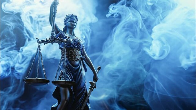 Lady Justice with scales and sword on a dark background with blue smoke with copy space. Legal and judicial concept