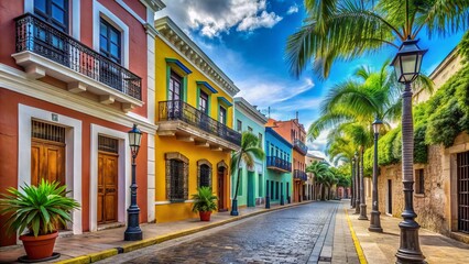 Fototapeta premium Vibrant colonial architecture lines the cobblestone streets of Santo Domingo's historic zone in the Dominican Republic, with colorful buildings and palm trees under bright blue skies.