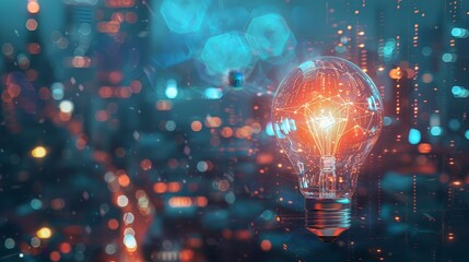 A glowing light bulb with a city skyline in the background, representing ideas and innovation.