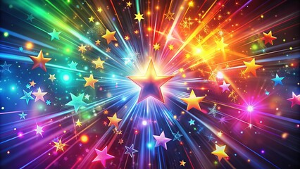 Obraz premium Vibrant colorful abstract background with stylized fonts, stars, and sparks, perfect for intro sequences, titles, or free resources, conveying creativity and excitement.