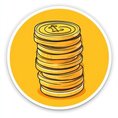 Sticker of a stack of coins in circle shape, flat vector illustration, on white background, digital sticker, clipart, icon 