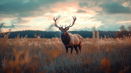 A majestic elk with large antlers stands in a field of tall grass, looking directly at the camera, under a cloudy sky.