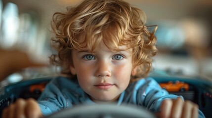 Fototapeta premium Joyride at Home: Hilarious Toddler Driving Toy Car