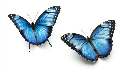 Obraz premium Two Blue Morpho Butterflies in Flight, Isolated on White - Two vibrant blue morpho butterflies with black borders, wings open, isolated on a white background. They symbolize freedom, transformation, b
