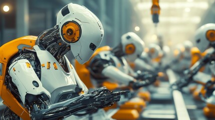 Fototapeta premium Robots working on a conveyor at a factory