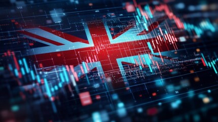 UK Economy: Growth and Volatility in a Digital World - A digital representation of the British flag overlaid with fluctuating financial data, symbolizing the UK economy's growth, volatility, technolog