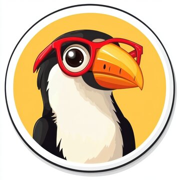 recommend clip art: Sticker of a toucan wearing funky red glasses in circle shape, cute cartoon, flat vector illustration, on white background, digital sticker, clipart, icon