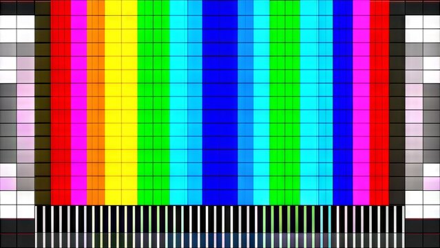 Vibrant colorful test pattern with vertical bars and numeric identifiers fills the screen, indicating broadcast signal calibration or television station identification.