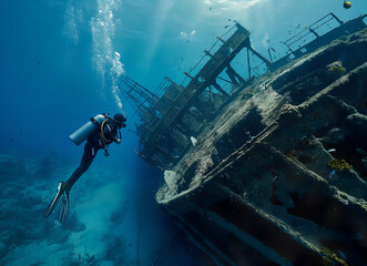 A diver swims gracefully at the bottom of the Red Sea, investigating an old shipwreck surrounded by vibrant coral reefs and various fish species in clear water.