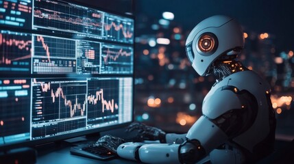 A trading robot conducts analytics on the stock exchange using a computer