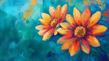Vibrant Orange Flowers Against Turquoise Background - Two bright orange flowers with yellow centers, painted with a bold brushstroke, stand out against a vibrant turquoise background, symbolizing natu