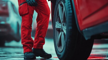 Unrecognizable mechanic disconnecting a car wheel