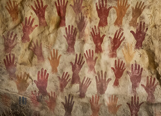 A multitude of red and brown handprints pressed against a cave wall, indicating a ritualistic or communal activity from prehistoric times.